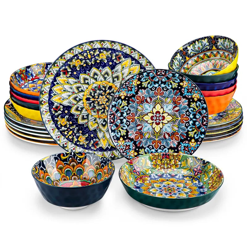 FINE PORCELAIN 12/16/18/24 Pieces Dinnerware Sets, Plates and Bowls Set, Porcelain Dishes Set for 4/6, Microwave and Dishwasher Safe, Scratch Resistant, Bohemian Style Dining Ware Service for 6, Series SIMI