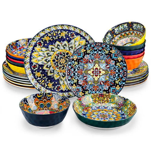 FINE PORCELAIN 12/16/18/24 Pieces Dinnerware Sets, Plates and Bowls Set, Porcelain Dishes Set for 4/6, Microwave and Dishwasher Safe, Scratch Resistant, Bohemian Style Dining Ware Service for 6, Series SIMI