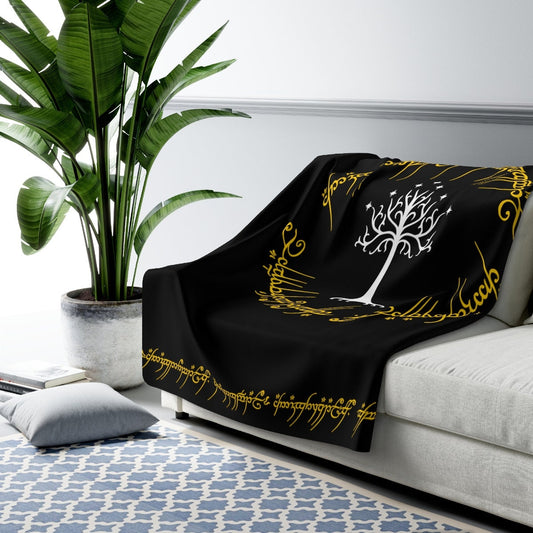 Elvish Rings Blanket, Sherpa Fleece Blanket, elven script on the rings, Magical Halloween gift(Free shipping)