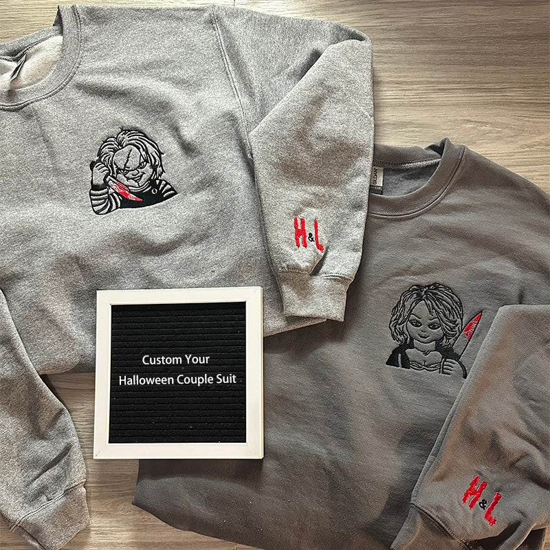 Chucky & Bride, Embroidered Anniversary Hoodie, Anniversary Gifts For Couples, Horror Sweatshirt, Embroidered Sweatshirt, Halloween Apparel(BUY 2 GET FREE SHIPPING)