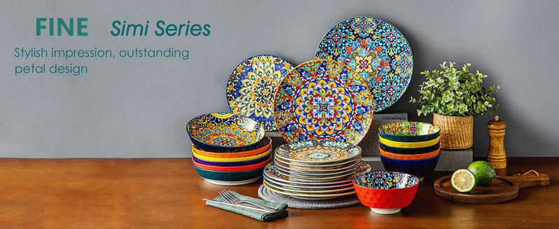 FINE PORCELAIN 12/16/18/24 Pieces Dinnerware Sets, Plates and Bowls Set, Porcelain Dishes Set for 4/6, Microwave and Dishwasher Safe, Scratch Resistant, Bohemian Style Dining Ware Service for 6, Series SIMI
