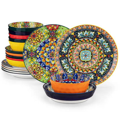 FINE PORCELAIN 12/16/18/24 Pieces Dinnerware Sets, Plates and Bowls Set, Porcelain Dishes Set for 4/6, Microwave and Dishwasher Safe, Scratch Resistant, Bohemian Style Dining Ware Service for 6, Series SIMI