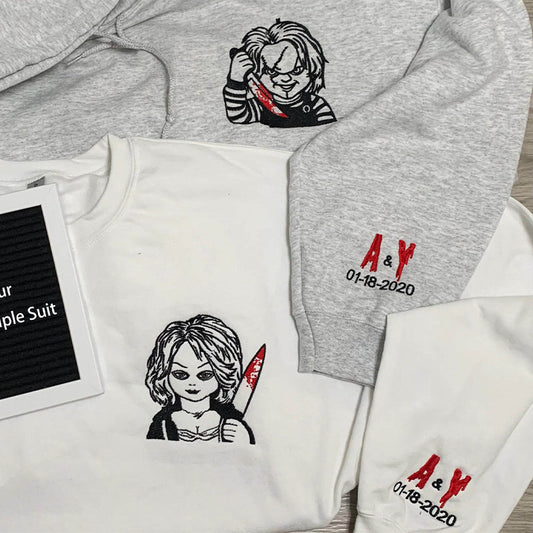 Chucky & Bride, Embroidered Anniversary Hoodie, Anniversary Gifts For Couples, Horror Sweatshirt, Embroidered Sweatshirt, Halloween Apparel(BUY 2 GET FREE SHIPPING)
