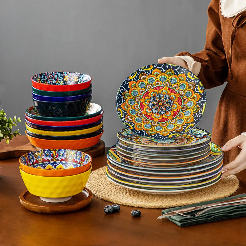 FINE PORCELAIN 12/16/18/24 Pieces Dinnerware Sets, Plates and Bowls Set, Porcelain Dishes Set for 4/6, Microwave and Dishwasher Safe, Scratch Resistant, Bohemian Style Dining Ware Service for 6, Series SIMI