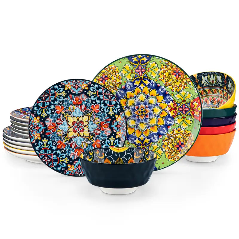 FINE PORCELAIN 12/16/18/24 Pieces Dinnerware Sets, Plates and Bowls Set, Porcelain Dishes Set for 4/6, Microwave and Dishwasher Safe, Scratch Resistant, Bohemian Style Dining Ware Service for 6, Series SIMI
