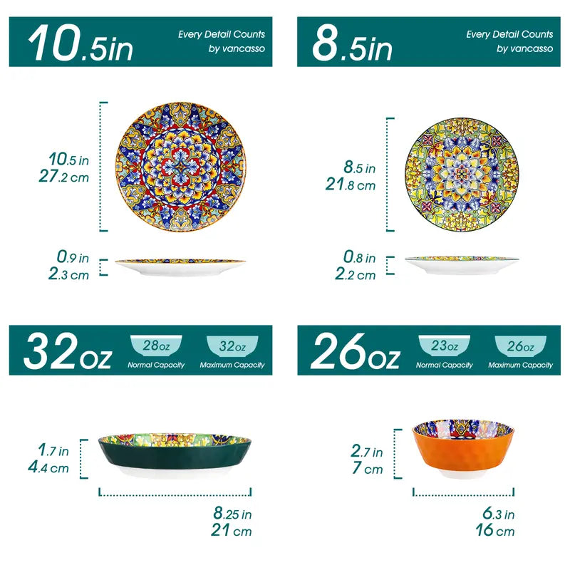 FINE PORCELAIN 12/16/18/24 Pieces Dinnerware Sets, Plates and Bowls Set, Porcelain Dishes Set for 4/6, Microwave and Dishwasher Safe, Scratch Resistant, Bohemian Style Dining Ware Service for 6, Series SIMI