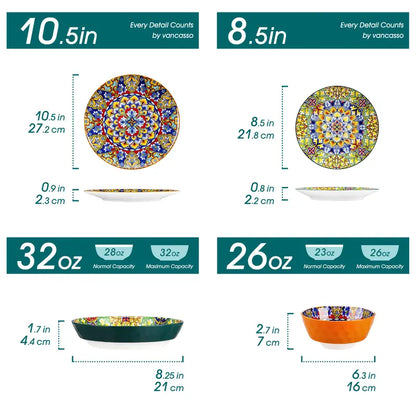FINE PORCELAIN 12/16/18/24 Pieces Dinnerware Sets, Plates and Bowls Set, Porcelain Dishes Set for 4/6, Microwave and Dishwasher Safe, Scratch Resistant, Bohemian Style Dining Ware Service for 6, Series SIMI