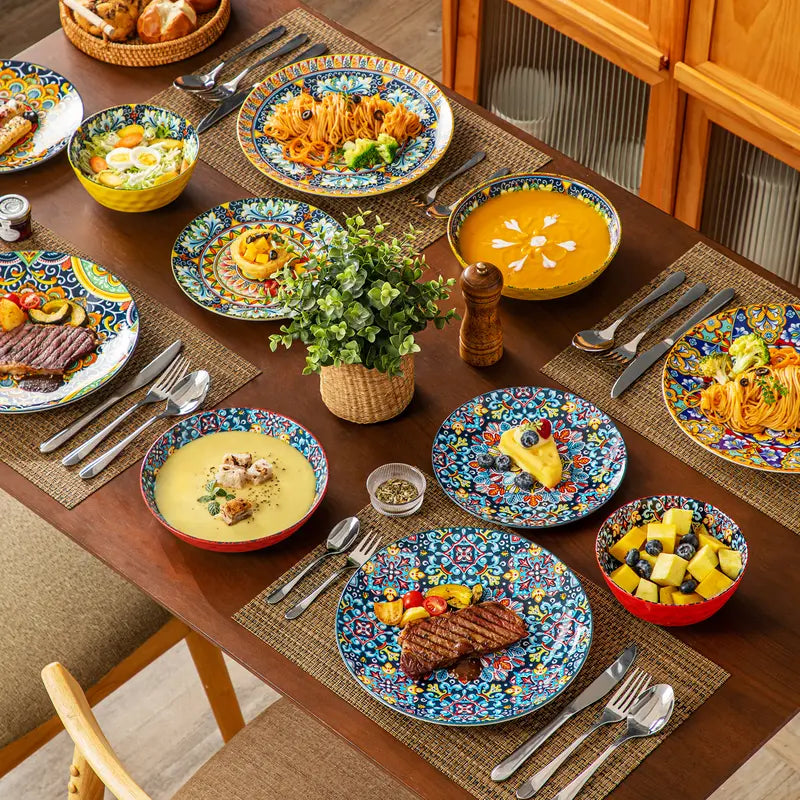FINE PORCELAIN 12/16/18/24 Pieces Dinnerware Sets, Plates and Bowls Set, Porcelain Dishes Set for 4/6, Microwave and Dishwasher Safe, Scratch Resistant, Bohemian Style Dining Ware Service for 6, Series SIMI