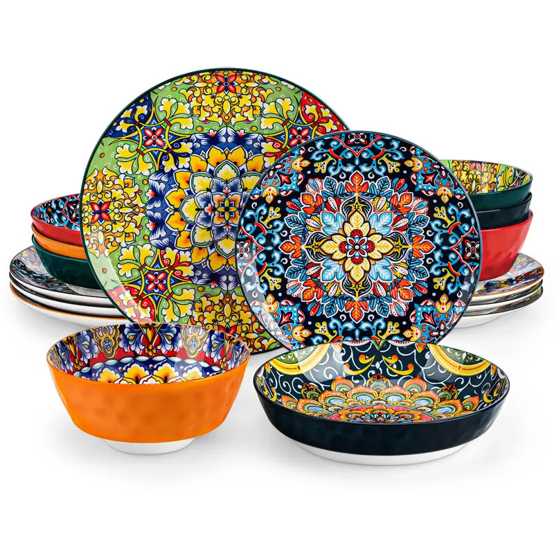 FINE PORCELAIN 12/16/18/24 Pieces Dinnerware Sets, Plates and Bowls Set, Porcelain Dishes Set for 4/6, Microwave and Dishwasher Safe, Scratch Resistant, Bohemian Style Dining Ware Service for 6, Series SIMI