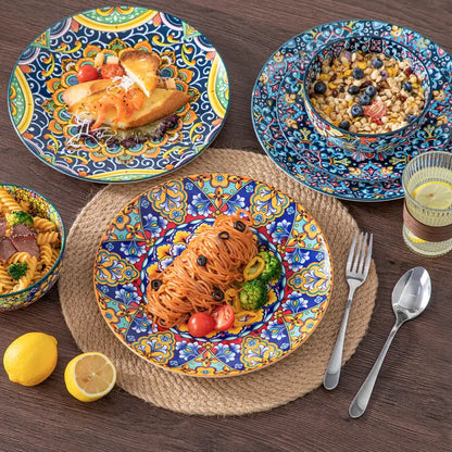 FINE PORCELAIN 12/16/18/24 Pieces Dinnerware Sets, Plates and Bowls Set, Porcelain Dishes Set for 4/6, Microwave and Dishwasher Safe, Scratch Resistant, Bohemian Style Dining Ware Service for 6, Series SIMI