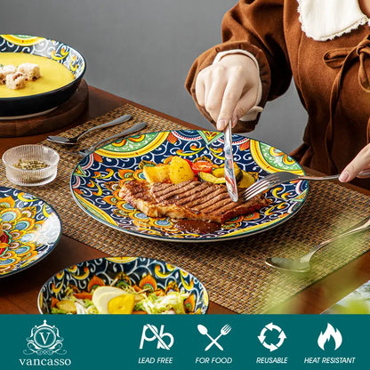 FINE PORCELAIN 12/16/18/24 Pieces Dinnerware Sets, Plates and Bowls Set, Porcelain Dishes Set for 4/6, Microwave and Dishwasher Safe, Scratch Resistant, Bohemian Style Dining Ware Service for 6, Series SIMI