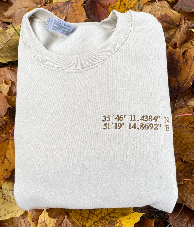Coordinates Embroidered Sweatshirt, Custom Location Coordinates Embroidered Sweatshirt, Embroidered GPS Coordinates, Gift For Couples(BUY 2 FREE SHIPPING💪)
