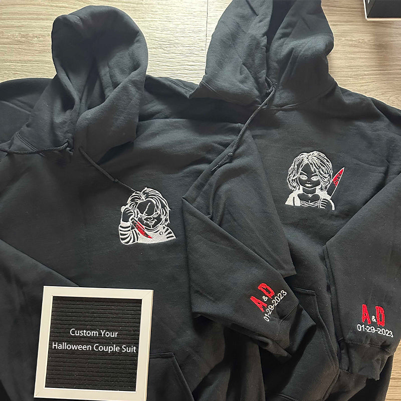 Chucky & Bride, Embroidered Anniversary Hoodie, Anniversary Gifts For Couples, Horror Sweatshirt, Embroidered Sweatshirt, Halloween Apparel(BUY 2 GET FREE SHIPPING)