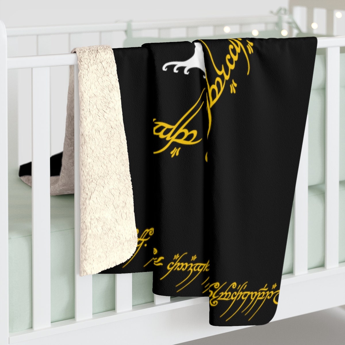 Elvish Rings Blanket, Sherpa Fleece Blanket, elven script on the rings, Magical Halloween gift(Free shipping)