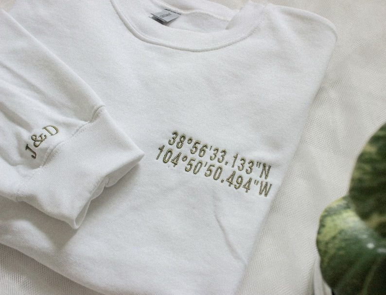 Coordinates Embroidered Sweatshirt, Custom Location Coordinates Embroidered Sweatshirt, Embroidered GPS Coordinates, Gift For Couples(BUY 2 FREE SHIPPING💪)