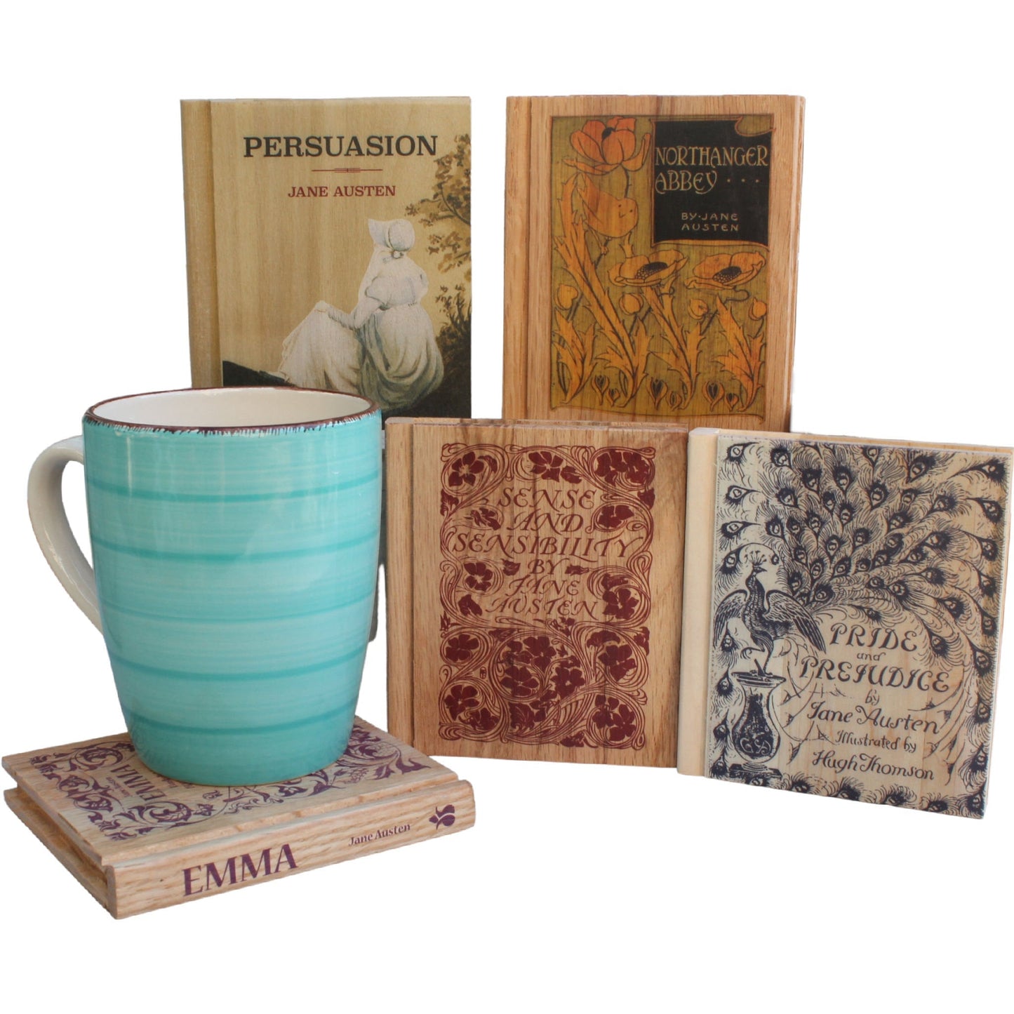 Jane Austen Reclaimed Wood Book Coaster Set(1 set of 6)