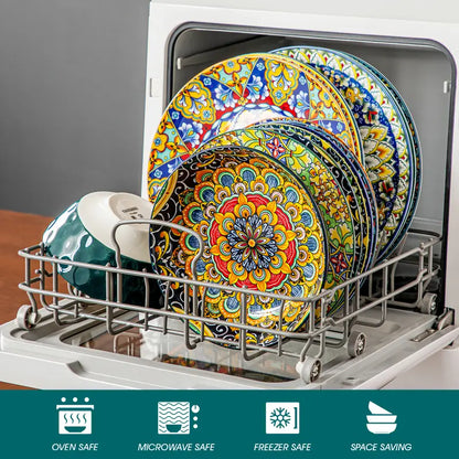 FINE PORCELAIN 12/16/18/24 Pieces Dinnerware Sets, Plates and Bowls Set, Porcelain Dishes Set for 4/6, Microwave and Dishwasher Safe, Scratch Resistant, Bohemian Style Dining Ware Service for 6, Series SIMI