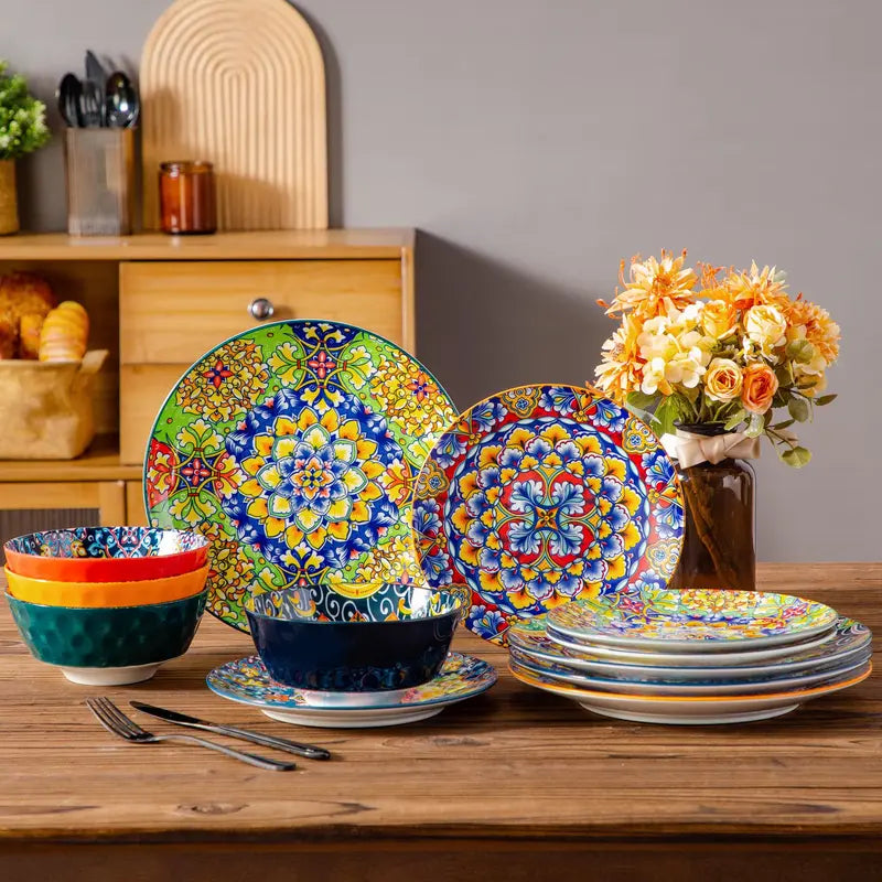 FINE PORCELAIN 12/16/18/24 Pieces Dinnerware Sets, Plates and Bowls Set, Porcelain Dishes Set for 4/6, Microwave and Dishwasher Safe, Scratch Resistant, Bohemian Style Dining Ware Service for 6, Series SIMI