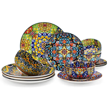FINE PORCELAIN 12/16/18/24 Pieces Dinnerware Sets, Plates and Bowls Set, Porcelain Dishes Set for 4/6, Microwave and Dishwasher Safe, Scratch Resistant, Bohemian Style Dining Ware Service for 6, Series SIMI