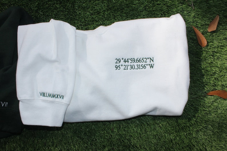 Coordinates Embroidered Sweatshirt, Custom Location Coordinates Embroidered Sweatshirt, Embroidered GPS Coordinates, Gift For Couples(BUY 2 FREE SHIPPING💪)