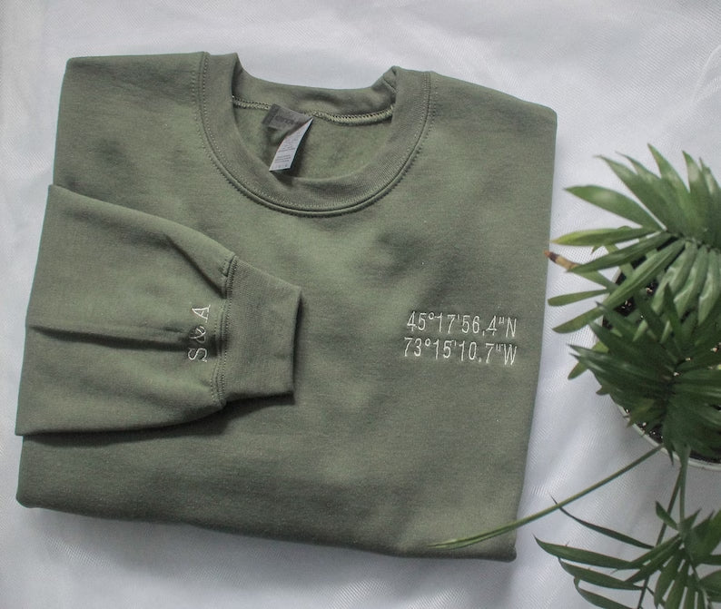 Coordinates Embroidered Sweatshirt, Custom Location Coordinates Embroidered Sweatshirt, Embroidered GPS Coordinates, Gift For Couples(BUY 2 FREE SHIPPING💪)